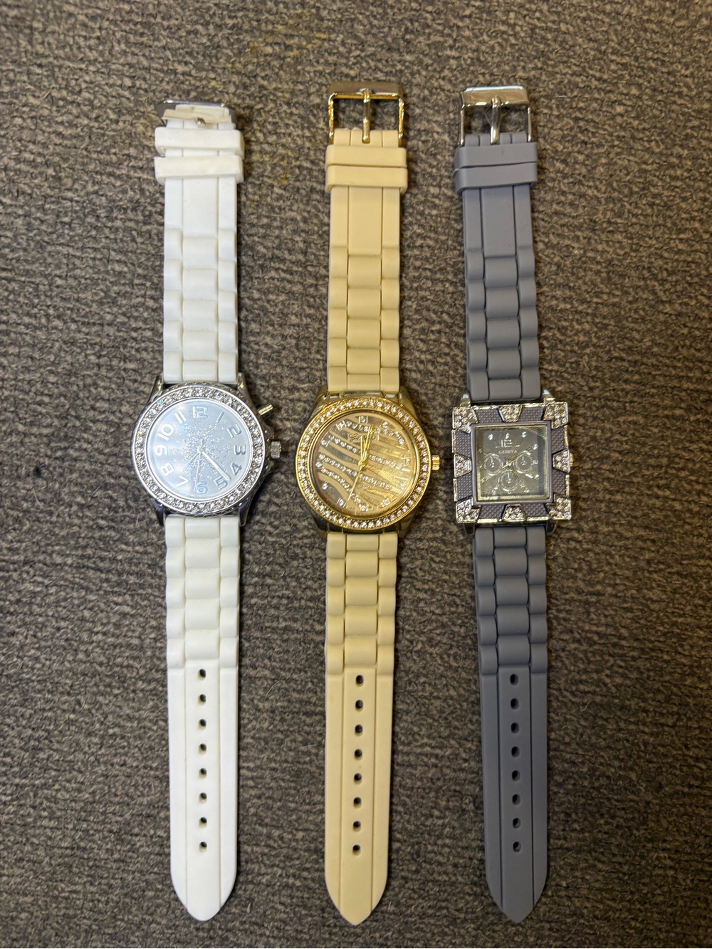 Geneva Silicone Strap Watches in White, Cream, and Gray with Crystal Accents